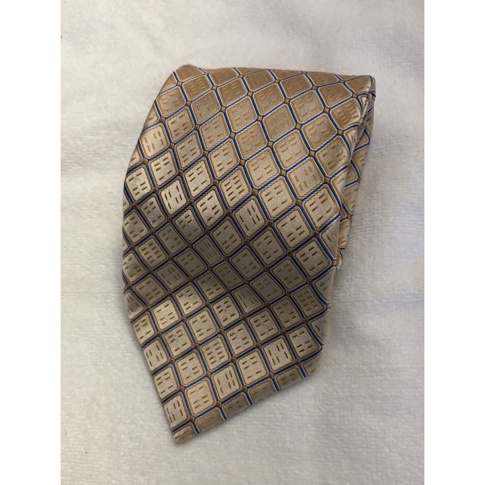 Jhane Barnes Necktie  Beige and Blue Geometric‎ 59" 100% Silk